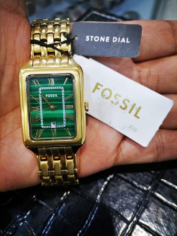 Fossil Gold-Tone Rectangular Watch – Stone Dial